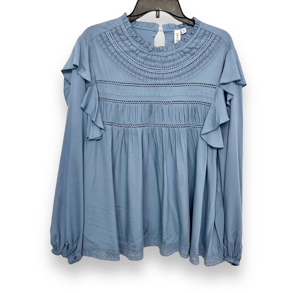 Grace & Karma Peasant Shirt Blue Long Sleeve Lightweight Womens Plus Size 1X